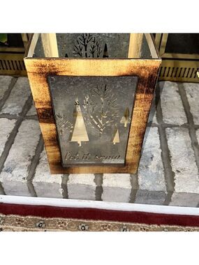 Torched Wood Tin Metal Combo Winter Holiday Gift Box Candle Light Holder